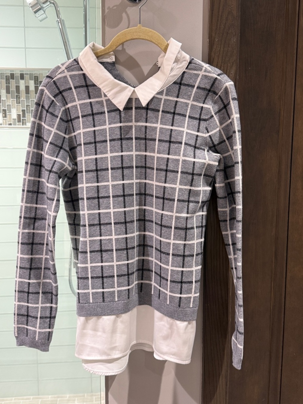 Gray Plaid Knit Sweater with Shirt Collar -